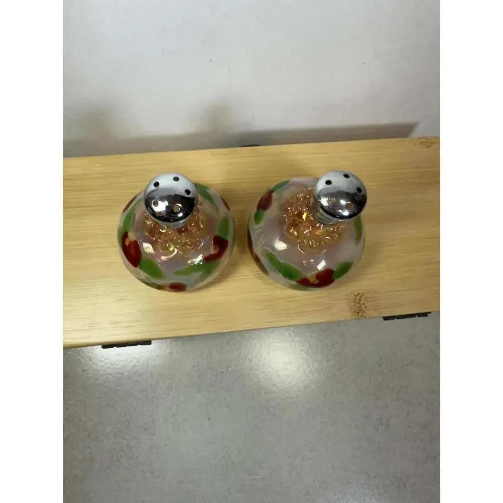 Vintage Art Glass Salt Pepper Shakers Beaded Collar Swirl Pair